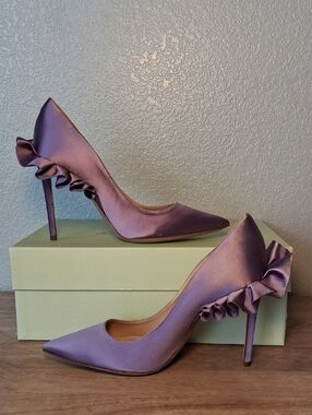 Andrea Wazen Satin Pointed-Toe Stiletto Heels with Ruffle Detail - Lilac